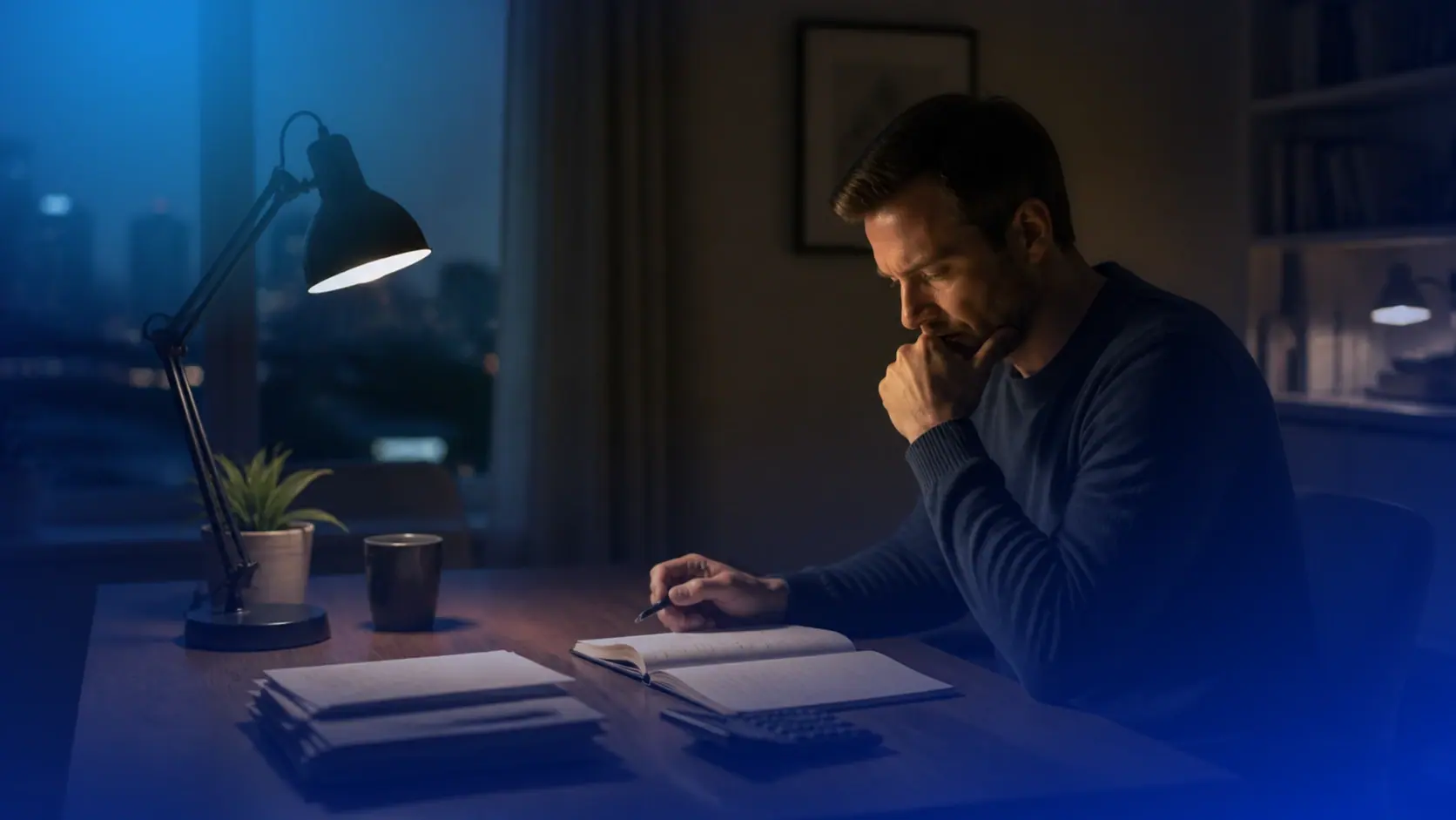 Persona revisando ingresos, gastos y prioridades financieras en un escritorio de casa al anochecer
