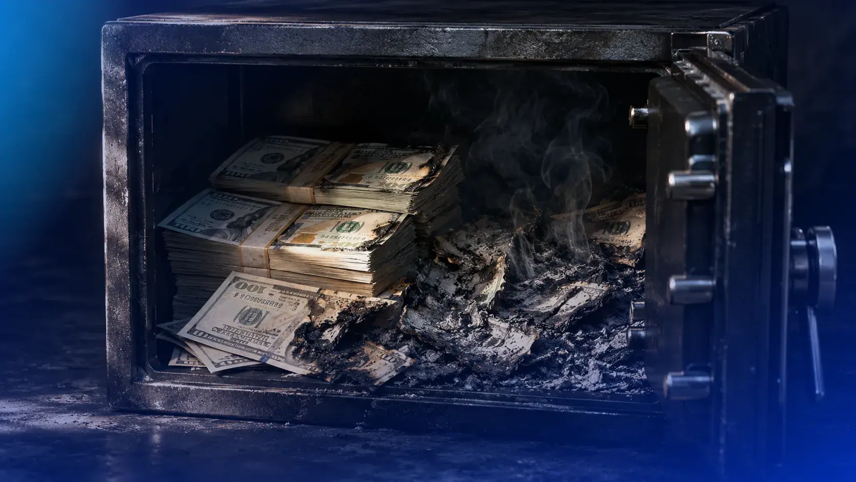 Safe box with money inside, some of the money has become ash.