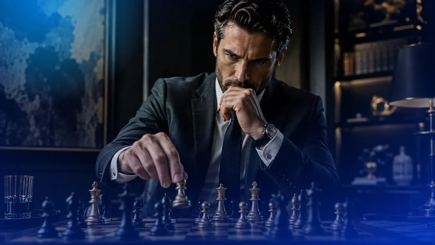 Businessman holding a chess piece, thinking about his next move over a chess board.