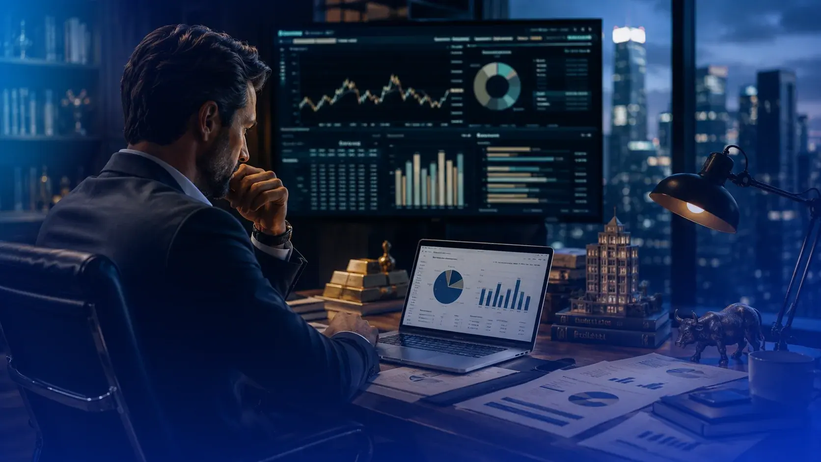 Business man in his office looking at charts in a laptop, with more charts in papers and a bigger screen behind the laptop